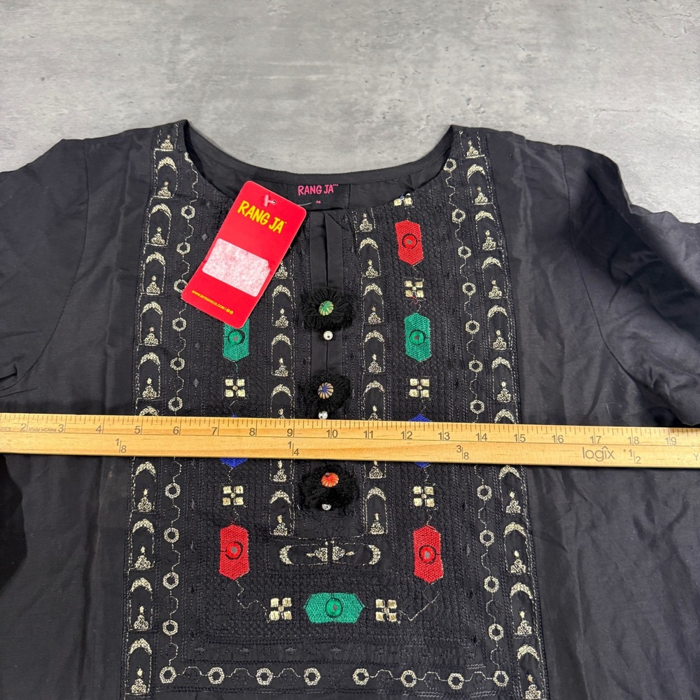 Rang Ja Tunic Pant Set Womens M Black Embroidered Ethnic 2-Piece NEW Pakistani - Picture 8 of 9
